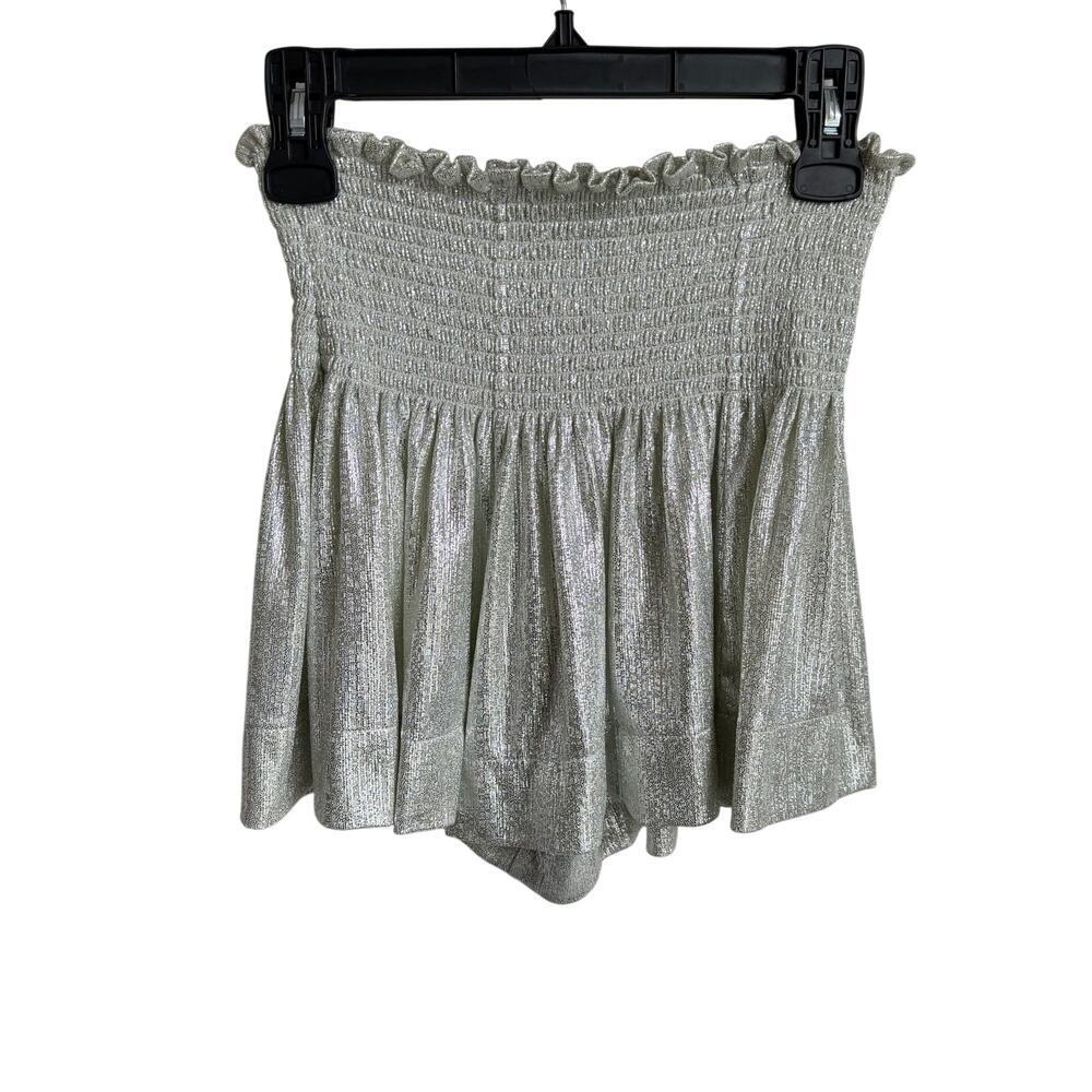 Queen of Sparkles Metallic Shirred Sequin High Rise Swing Short Silver Women's S - Picture 3 of 5